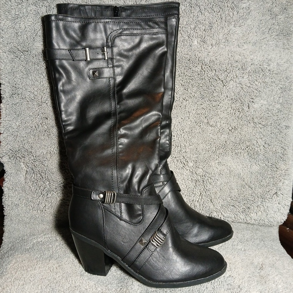 Rialto Size 11 Wide Calf‎ Boots Black Faux Leather Metal Accents New!